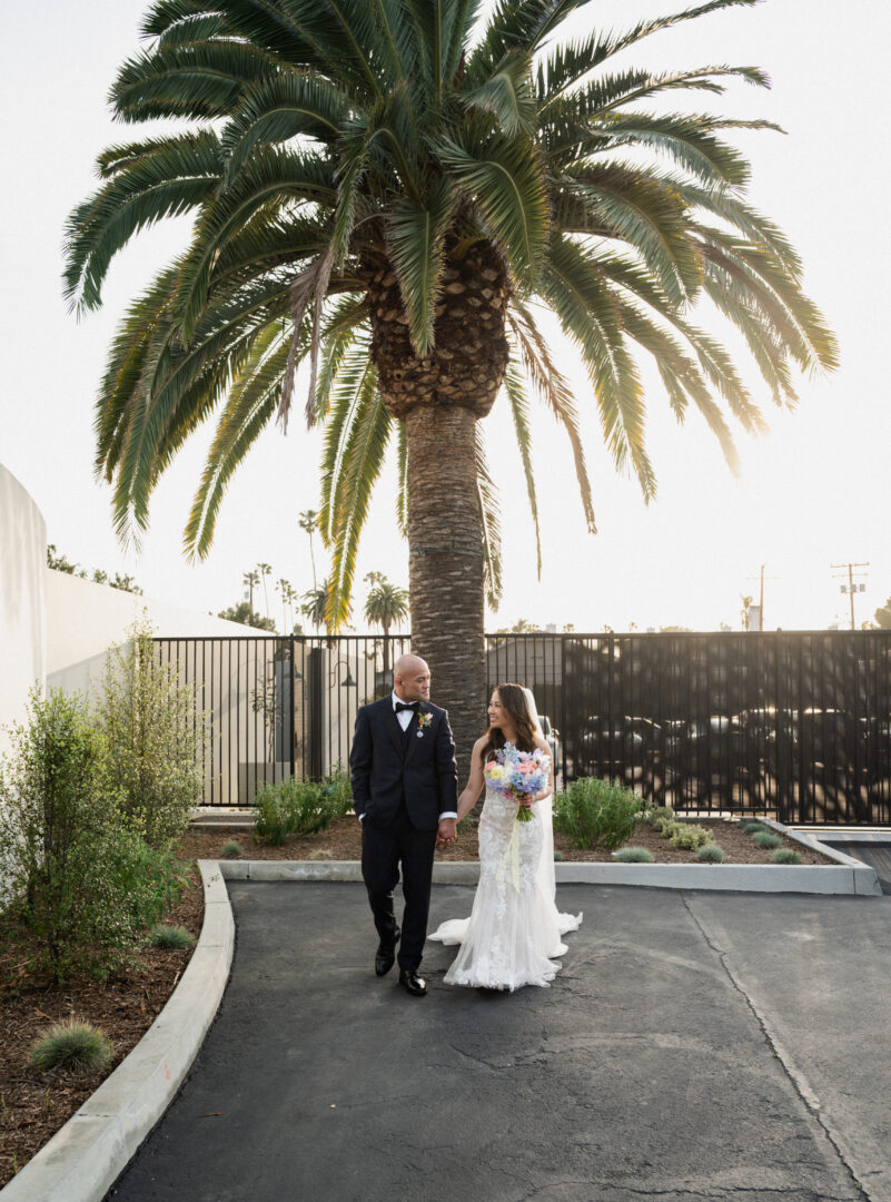 A bride and groom walk hand in hand on a paved path, beneath a tall palm tree, with the sun shining through its leaves.