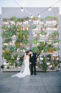 A bride and groom hold hands in front of a wall of succulents outside The Colony House
