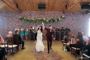 A happy couple raises their hands together in celebration of their marriage